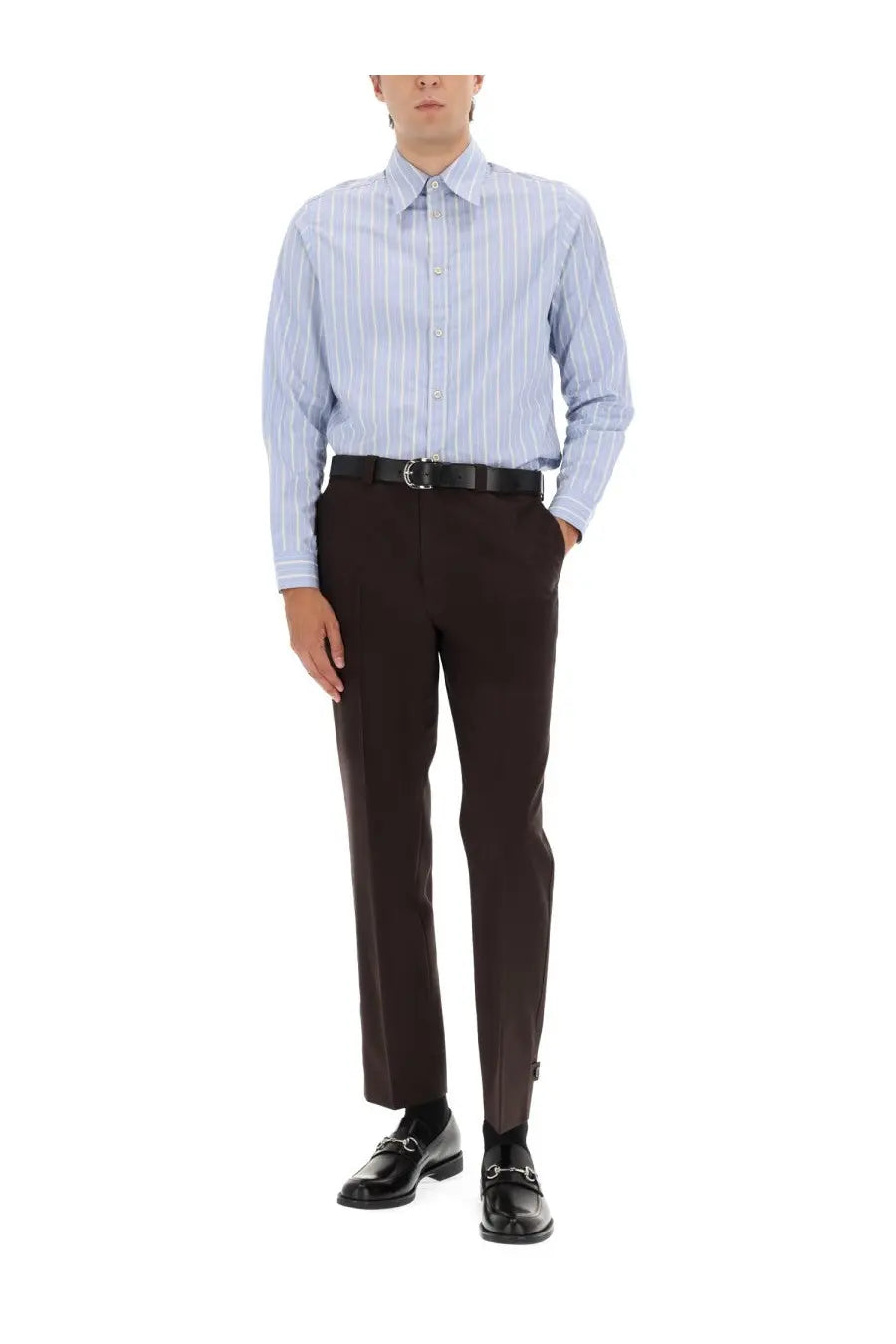 Light blue and white vertically striped long-sleeved button-down shirt paired with gucci men’s black wool gabardine pants
