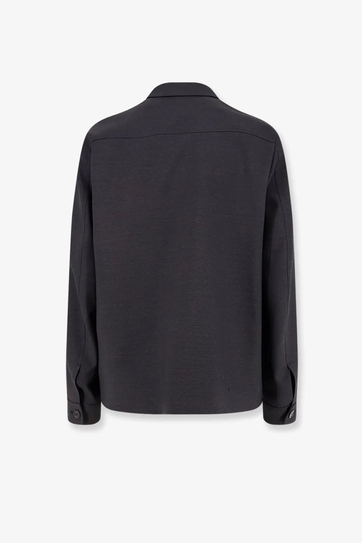 Black long-sleeved men’s shirt with structured collar and buttoned cuffs in Gucci men’s wool shirt jacket grey