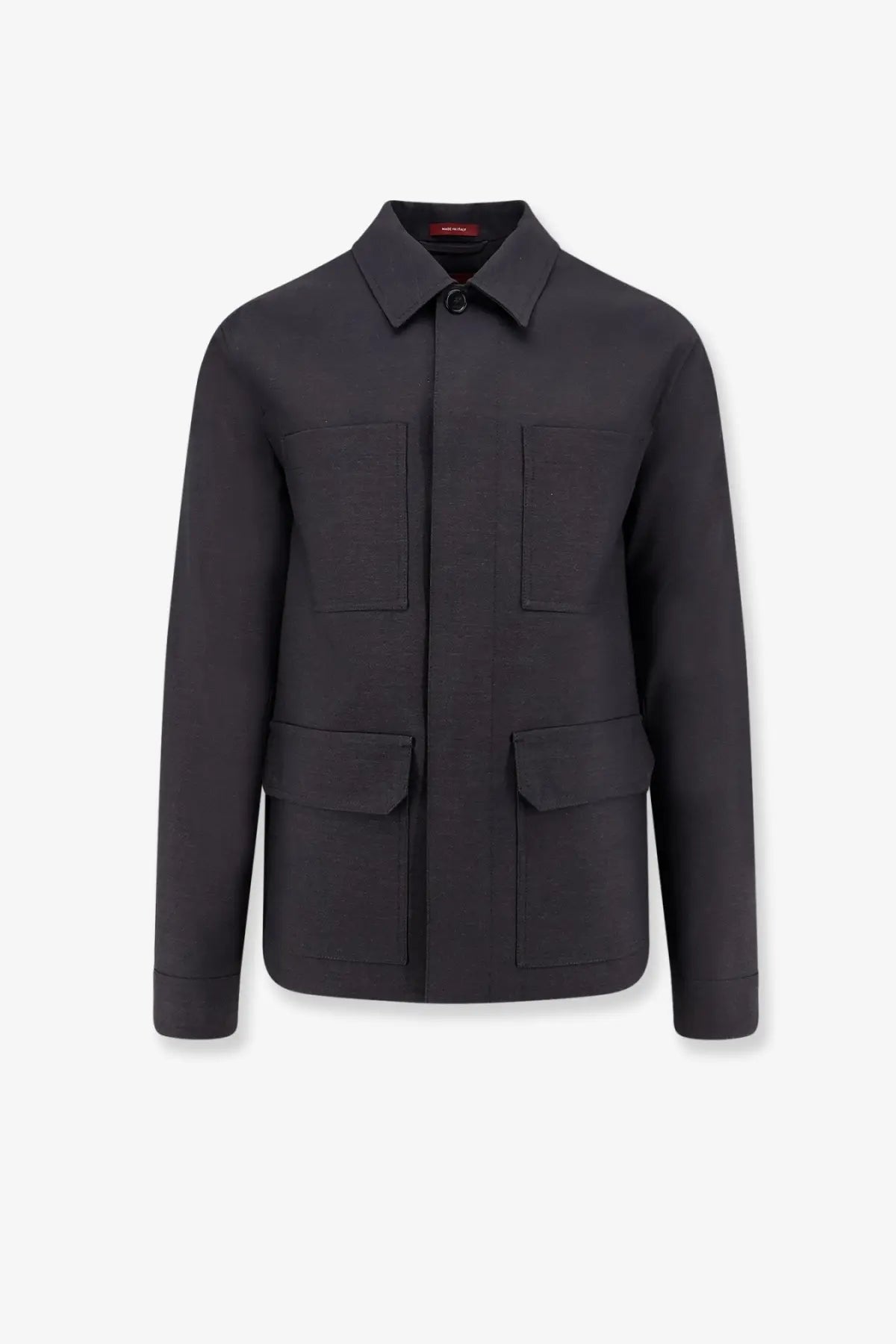 Gucci men’s wool shirt jacket grey with four flap pockets and a classic collar in black wool material