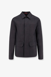 Gucci men’s wool shirt jacket grey with four flap pockets and a classic collar in black wool material