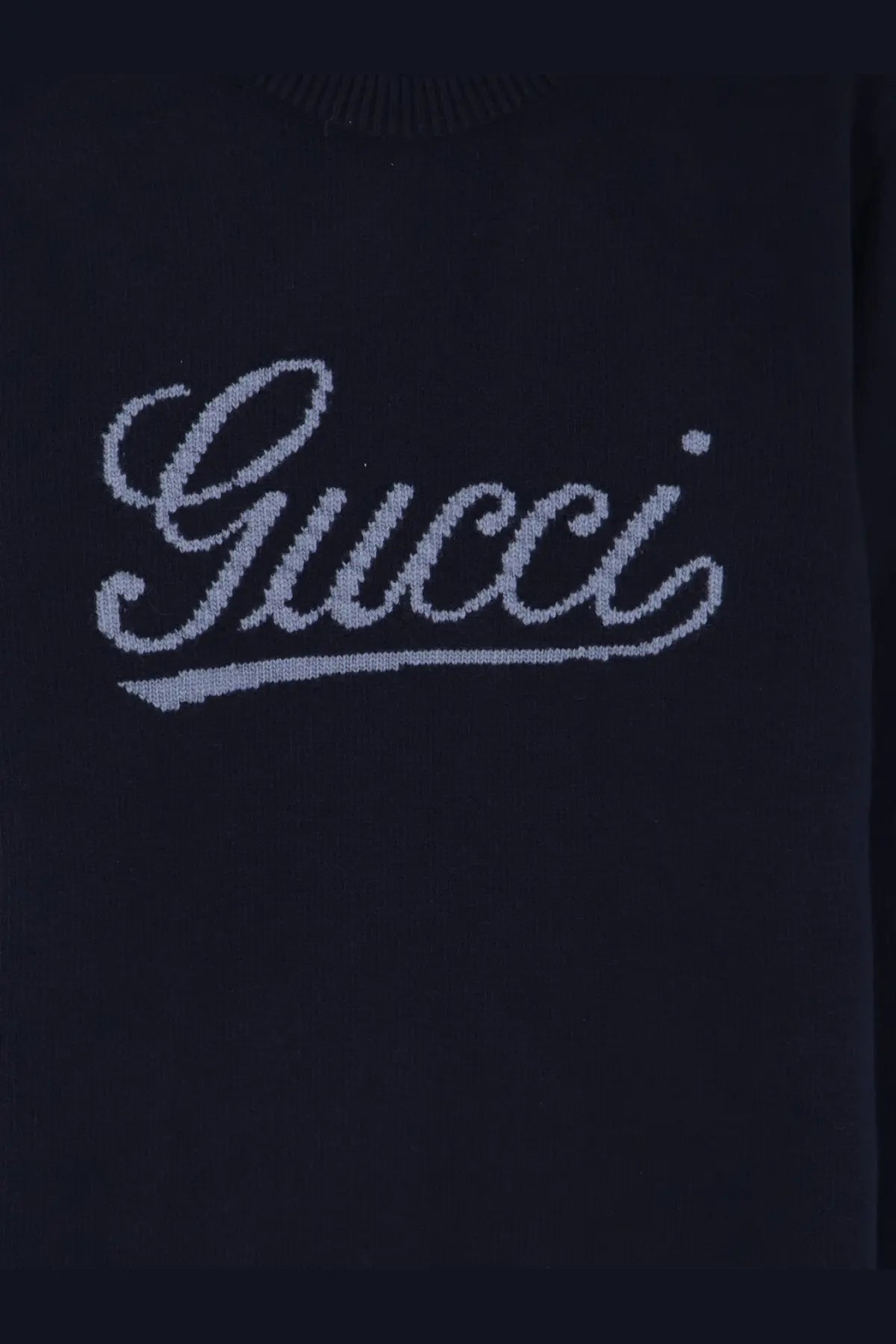 Dark blue Gucci men’s wool sweater featuring a silver-toned knitted logo on the front