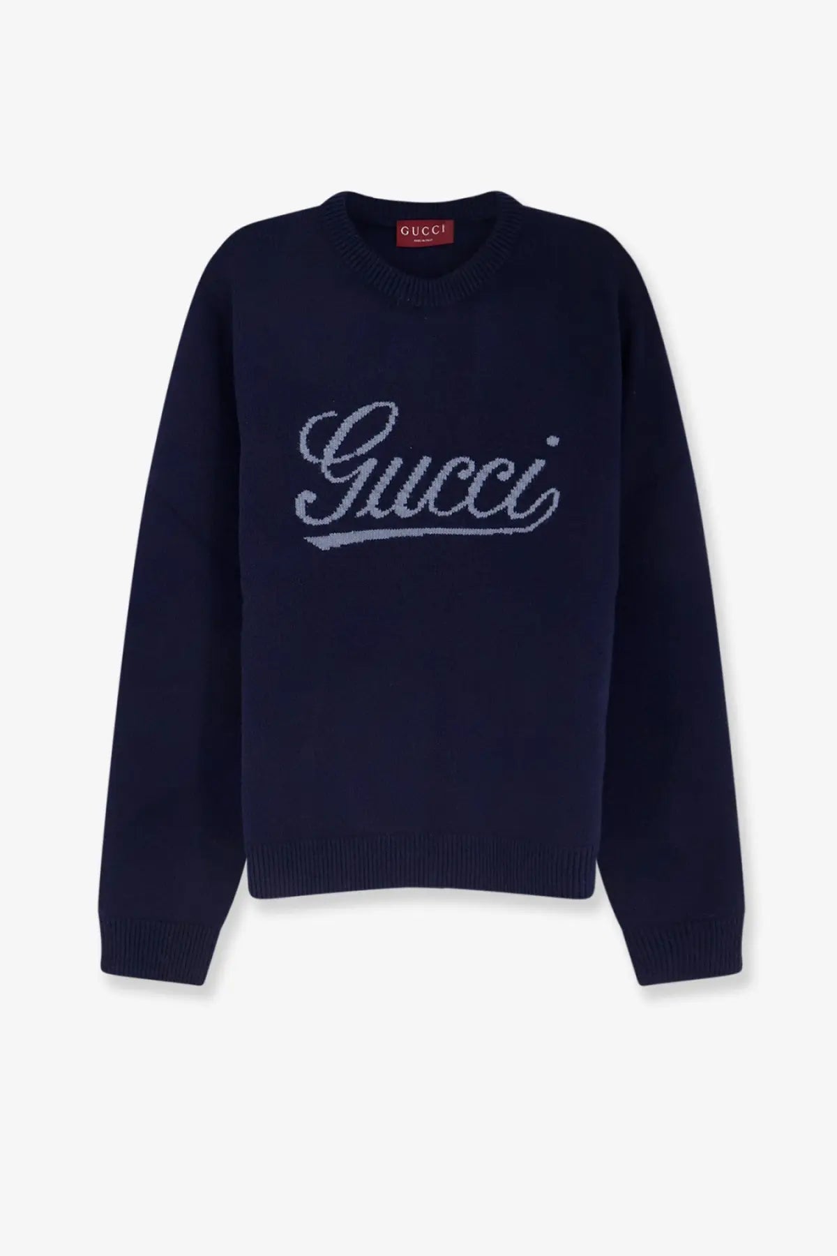 Navy blue Gucci men’s wool sweater with silver embroidered logo across the chest in a grey style