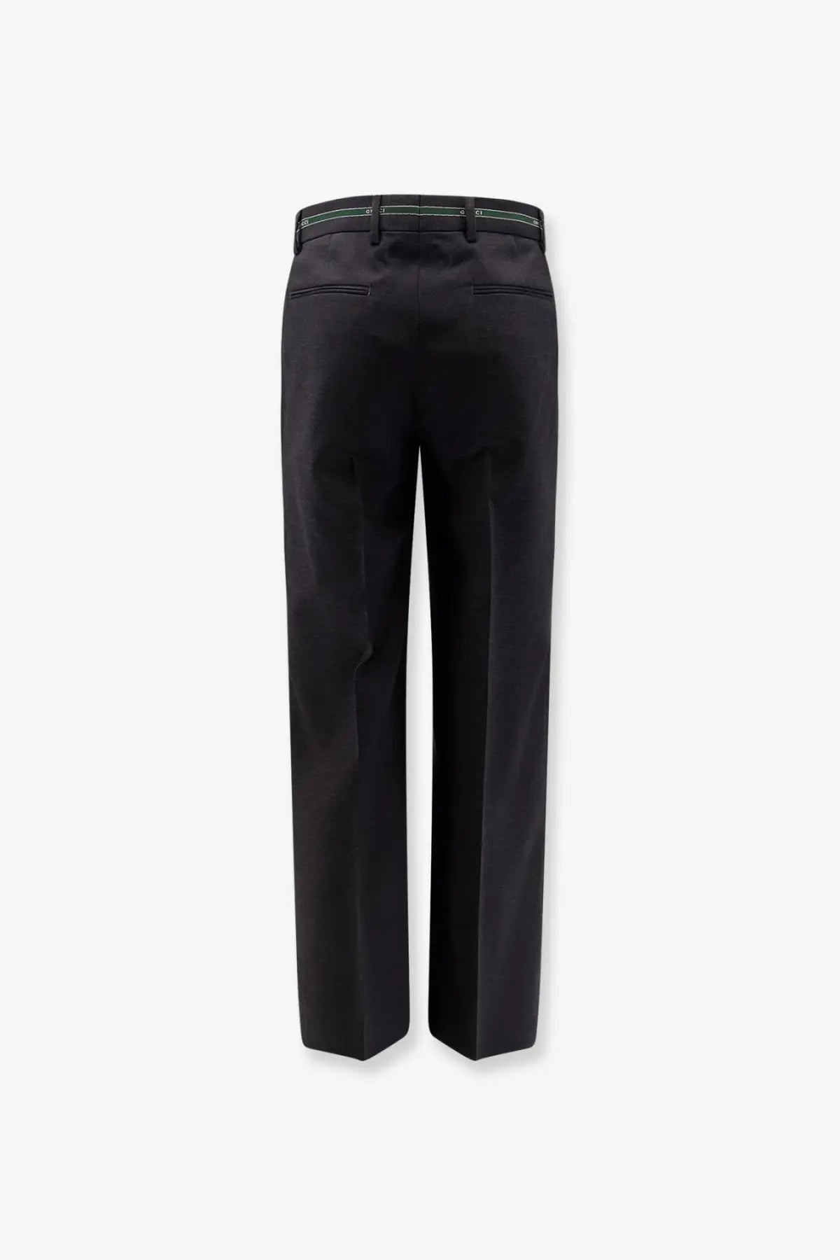Black tailored wool trousers for men by gucci with sleek straight leg and subtle green stitching on belt loop