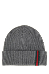Gucci men’s grey woolen hat with ribbed knit, folded cuff, and green red striped web detail