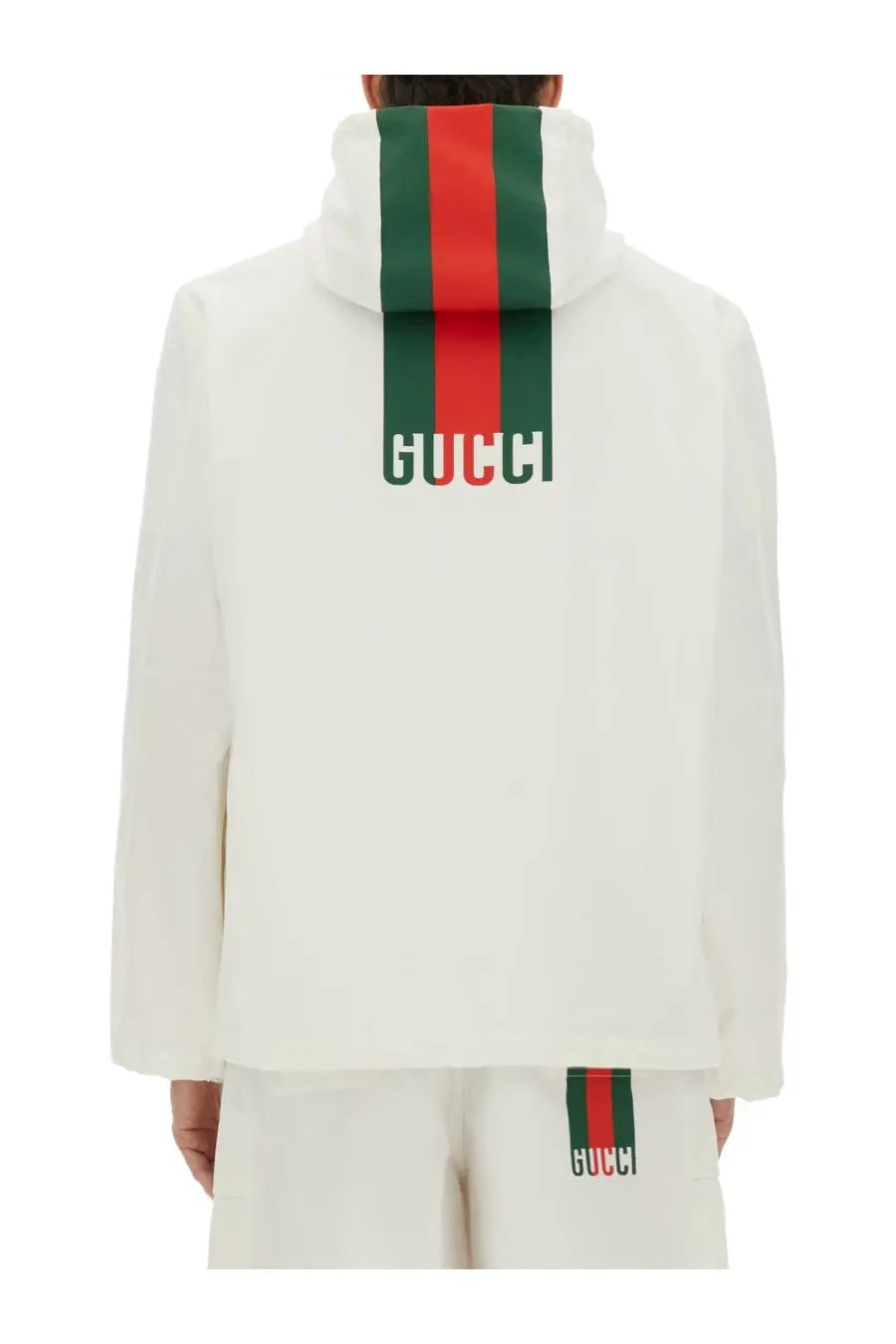 Back view of gucci men’s zipper sweatshirt web white hoodie with bold red and green striped band and logo branding