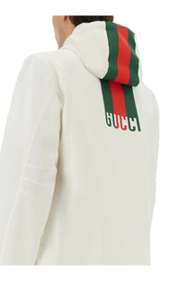 White gucci men’s zipper sweatshirt with bold red and green striped hoodband and embroidered logo