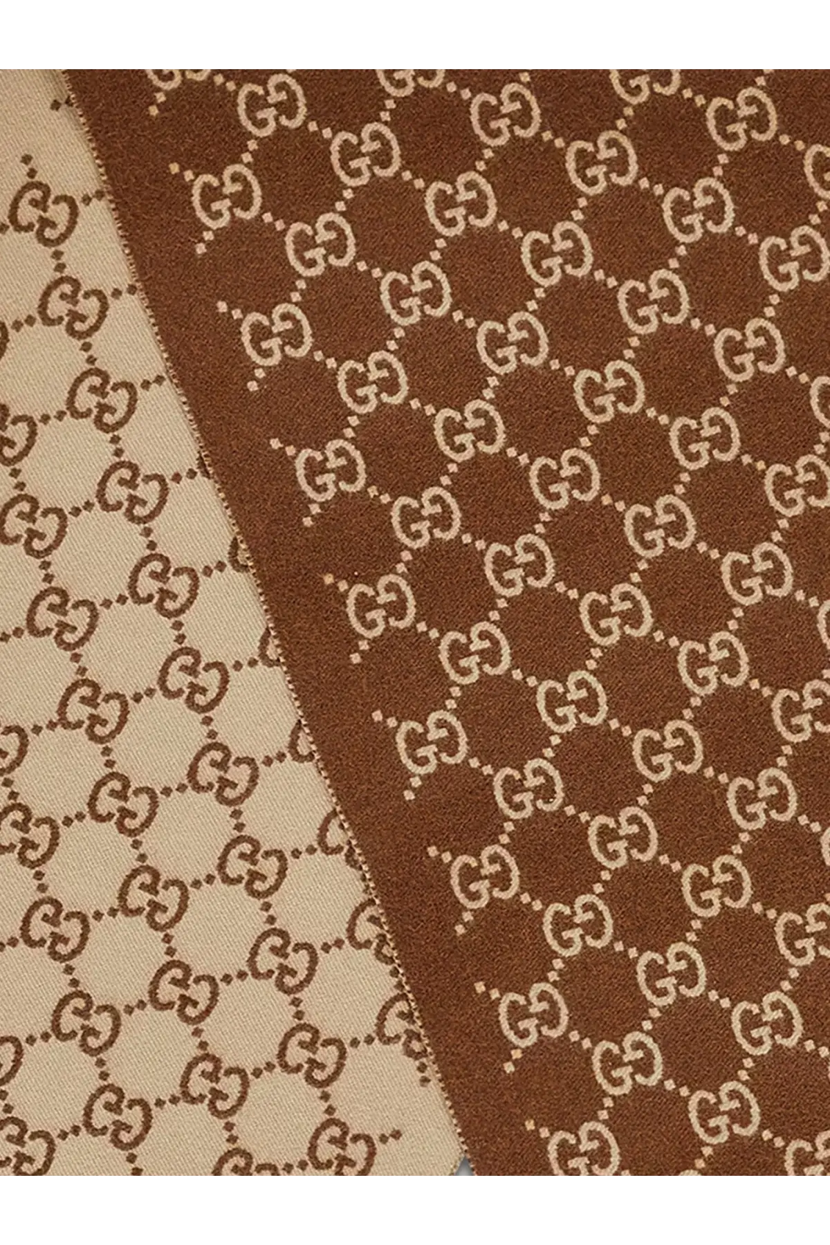 Beige and brown gucci unisex cashmere scarf featuring the iconic interlocking g monogram pattern in fabric