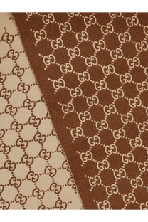 Beige and brown gucci unisex cashmere scarf featuring the iconic interlocking g monogram pattern in fabric