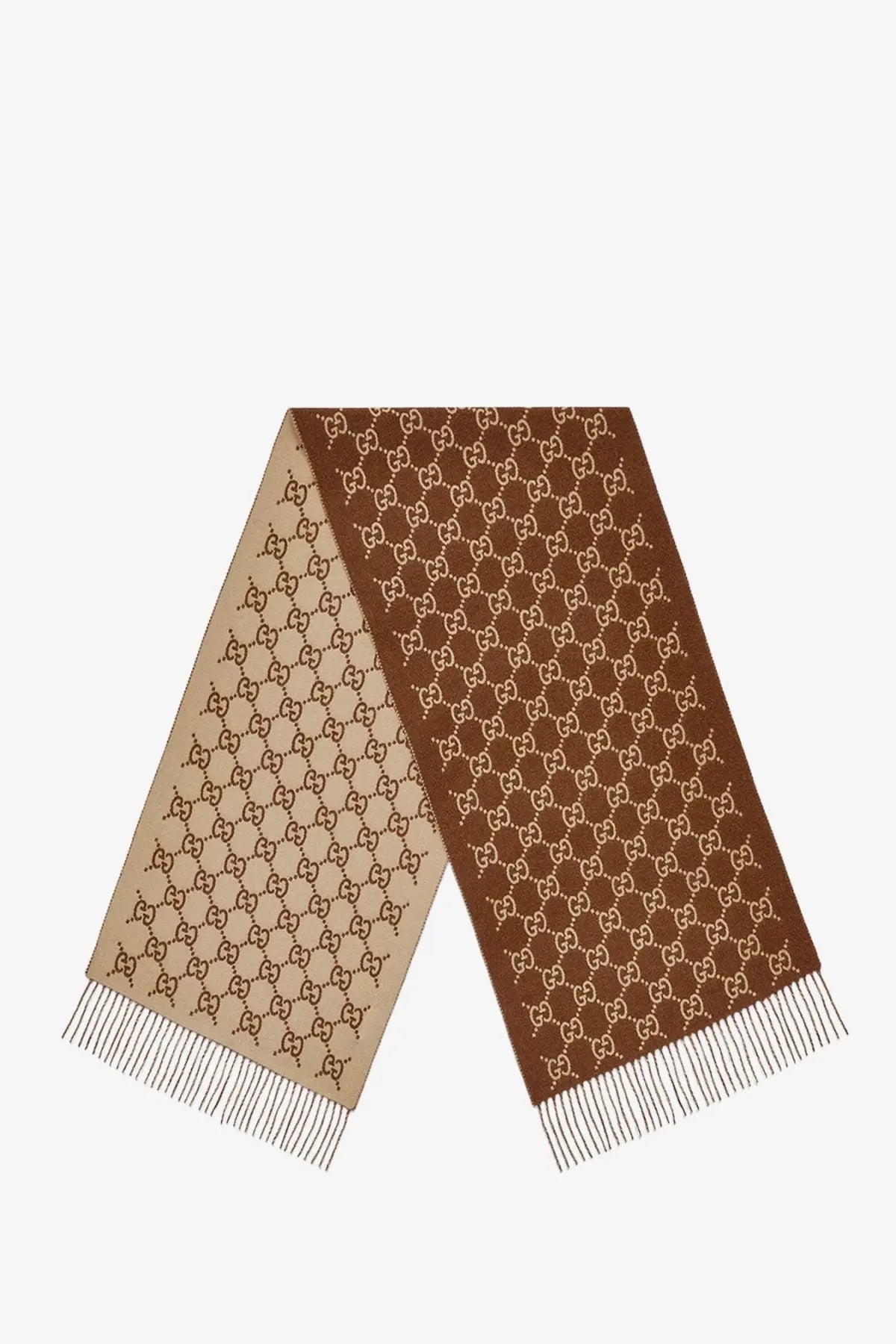 Brown and beige gucci unisex cashmere scarf with interlocking gg logo pattern and fringed edges