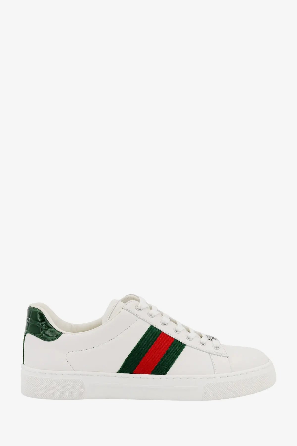 White gucci women’s ace leather sneakers with green and red striped webbing and dark green crocodile heel tab shown from back