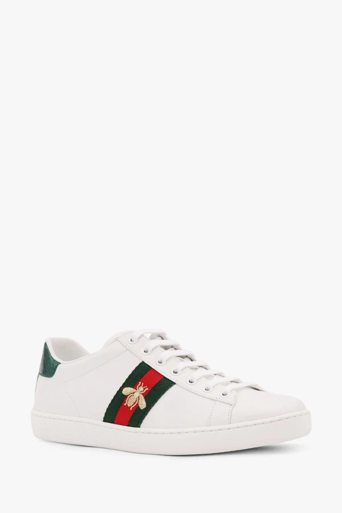White Gucci Women’s Ace leather sneakers with classic leather upper green and red striped band and embroidered bee motif