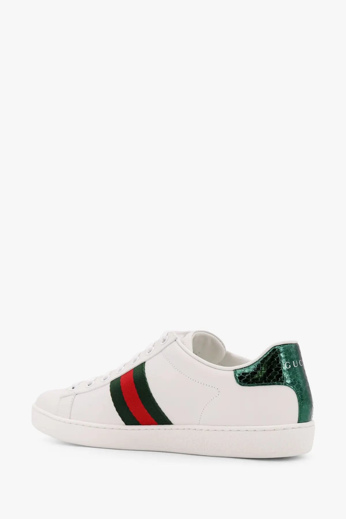 White Gucci women’s Ace leather sneakers with red and green stripes and emerald-green snake-skin heel tab back view