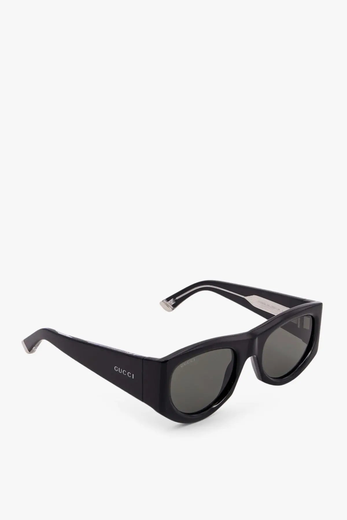 Gucci women’s acetate sunglasses in black with dark gray lenses and a sleek modern rectangular frame