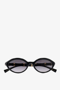Gucci women’s black acetate oval sunglasses with gold-tone bamboo-inspired temples and gradient gray lenses