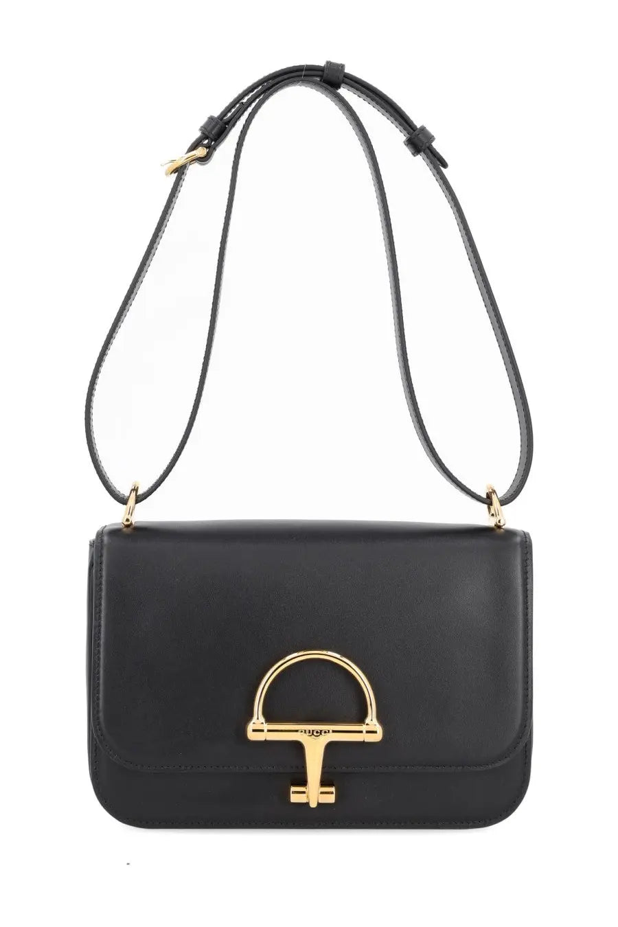 Gucci women’s black leather handbag with gold-tone horsebit clasp and adjustable matching strap