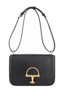 Gucci women’s black leather handbag with gold-tone horsebit clasp and adjustable matching strap
