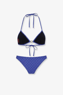 Gucci women’s bikini blue featuring a blue and black triangle top with silver logo clasp and high-waisted gg monogram bottoms