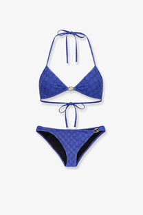 Blue gucci monogram bikini set with black lining and gold-tone hardware for women beachwear
