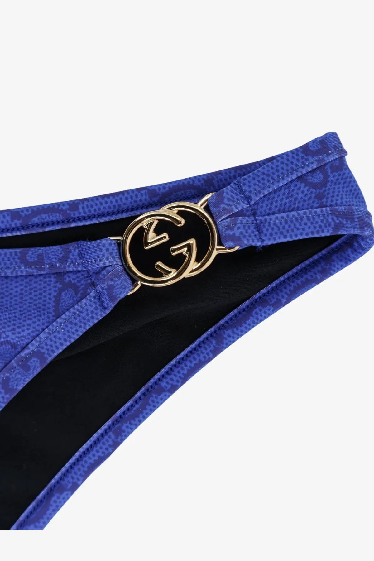 Gucci women’s blue bikini bottom with blue snakeskin pattern and gold-tone gucci logo buckle front view
