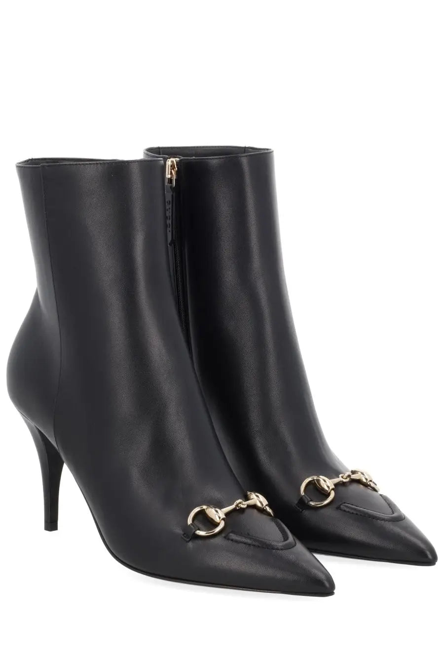 Gucci women’s black leather ankle boots with gold-tone horsebit detailing and slender high heel