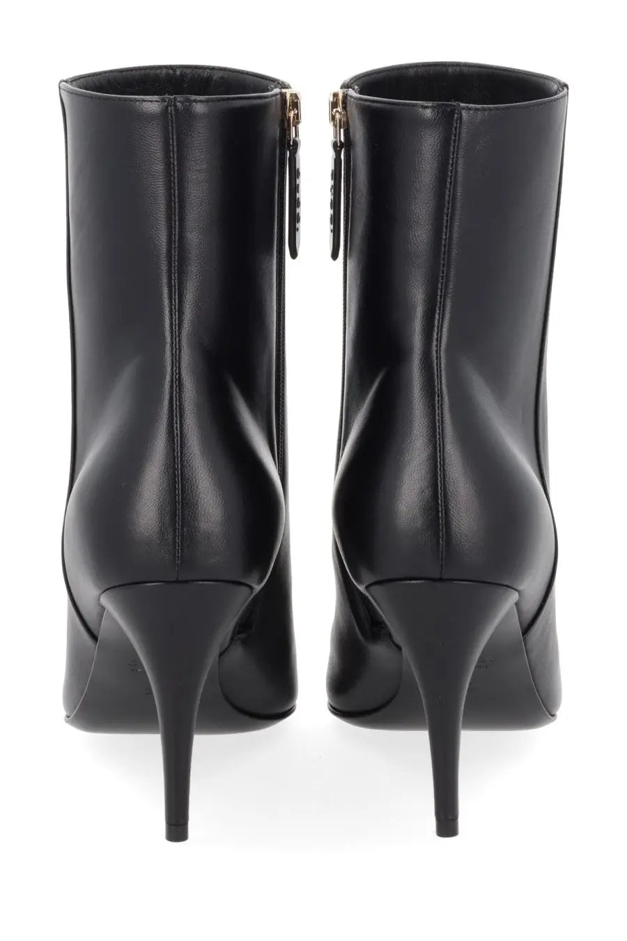 Gucci women’s black leather ankle boots with sleek glossy finish and gold-tone zippers on the back side