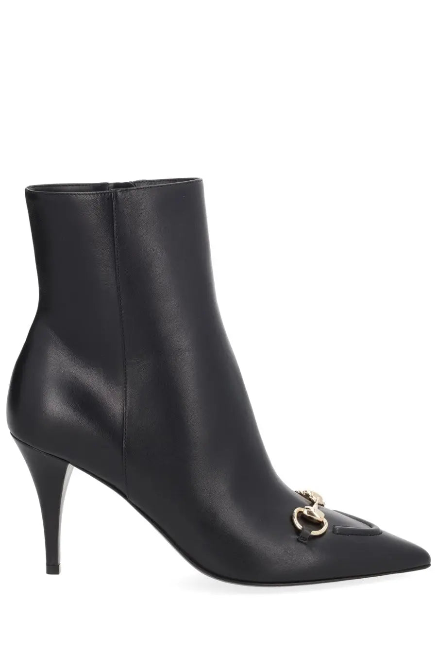 Gucci women’s black leather ankle boot with gold-tone horsebit buckle at the toe