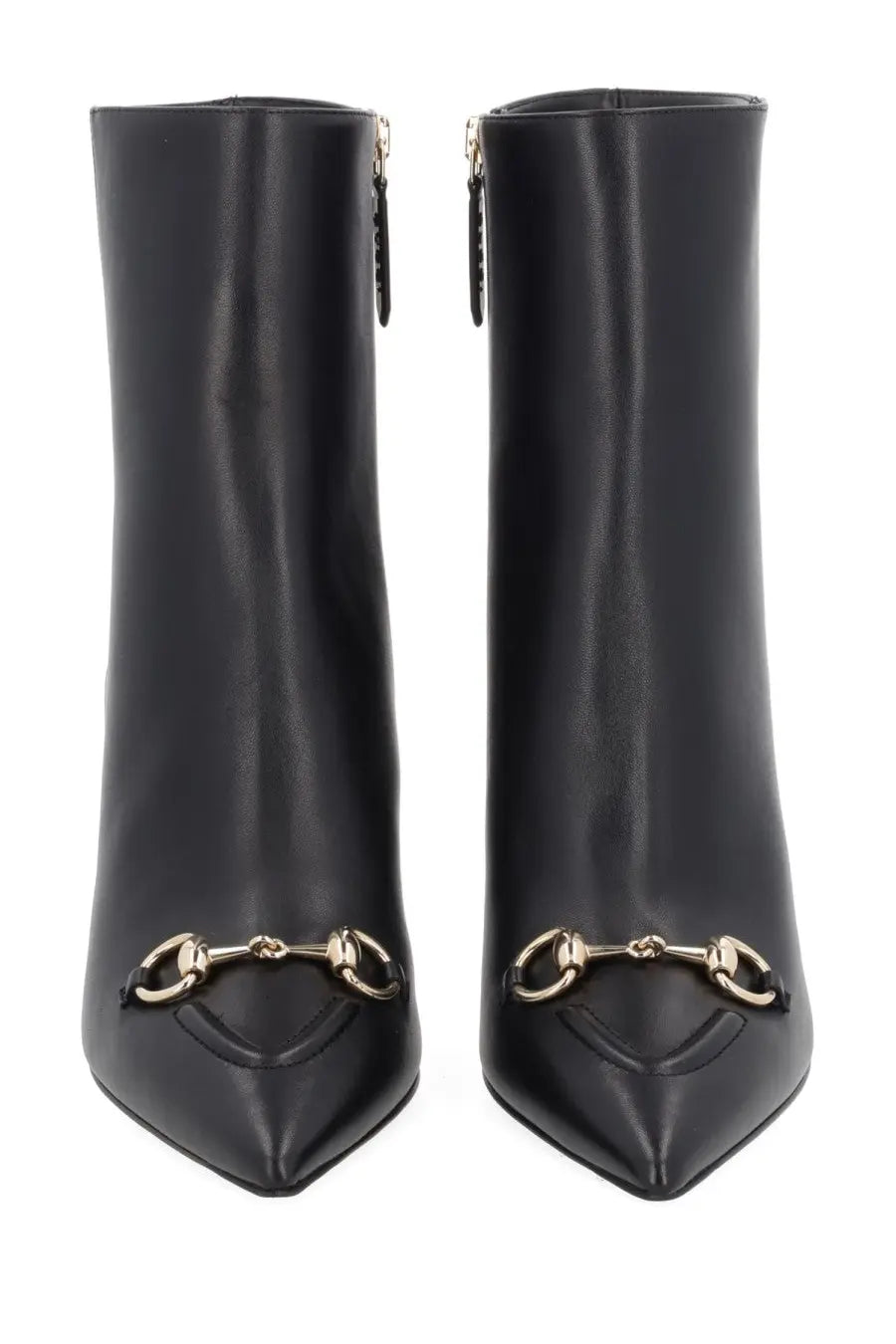 Black leather Gucci women’s ankle boots with gold-tone horsebit metal accents perfect for stylish wear