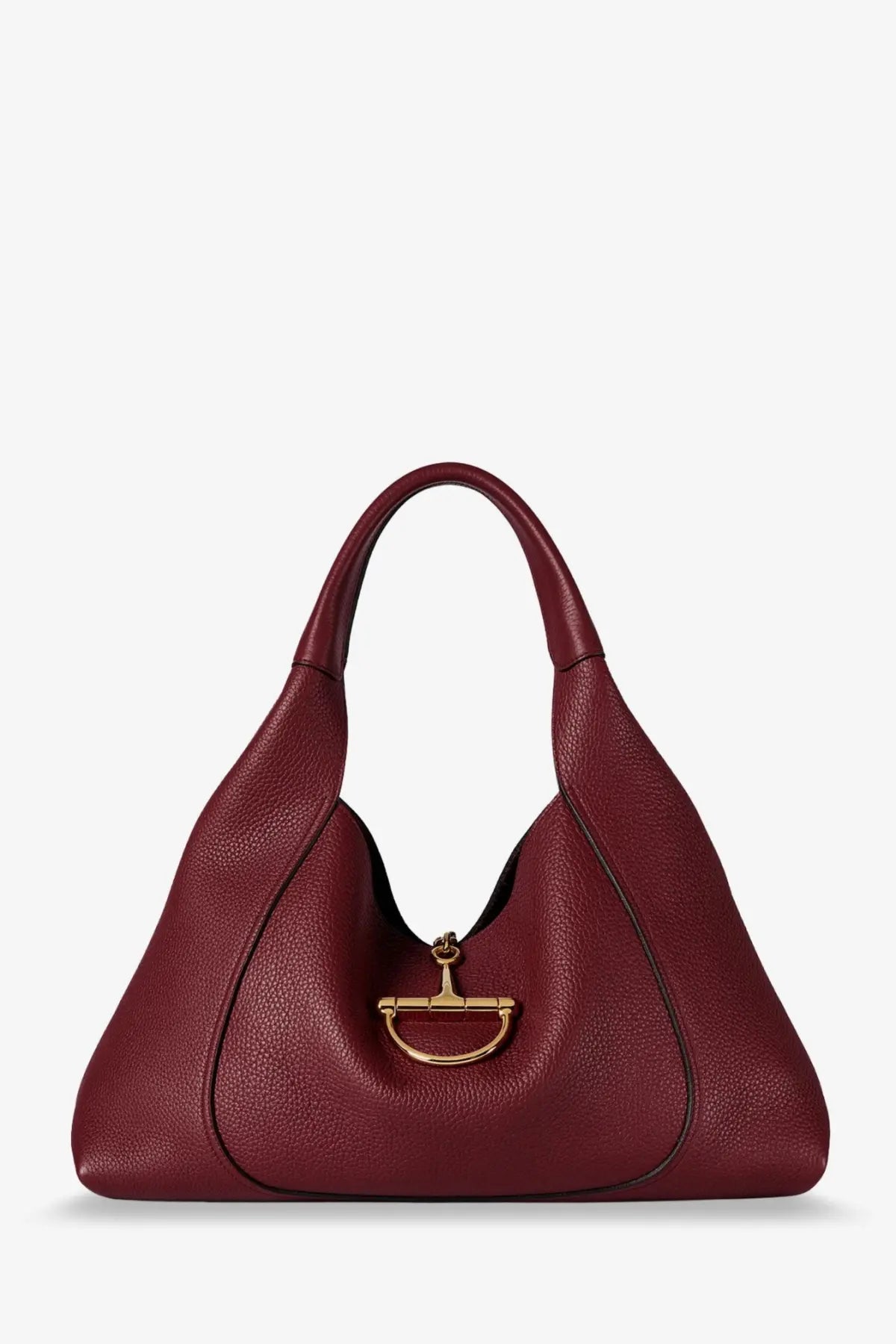 Gucci women’s borsa spalla softbit red is a rich burgundy leather hobo bag with a gold-tone horsebit clasp