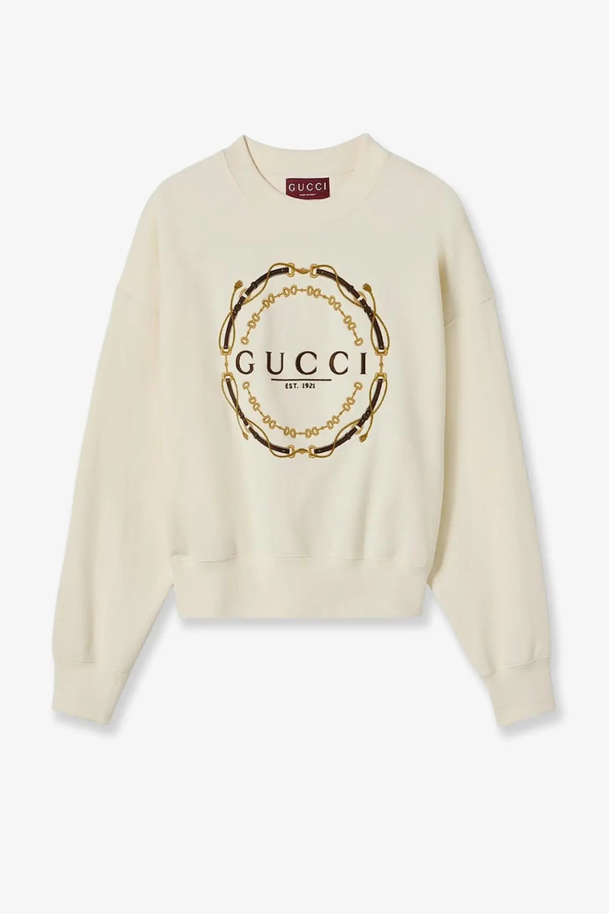 Cream-colored Gucci women’s brushed cotton jersey sweatshirt with bold gold and black circular chain logo on front