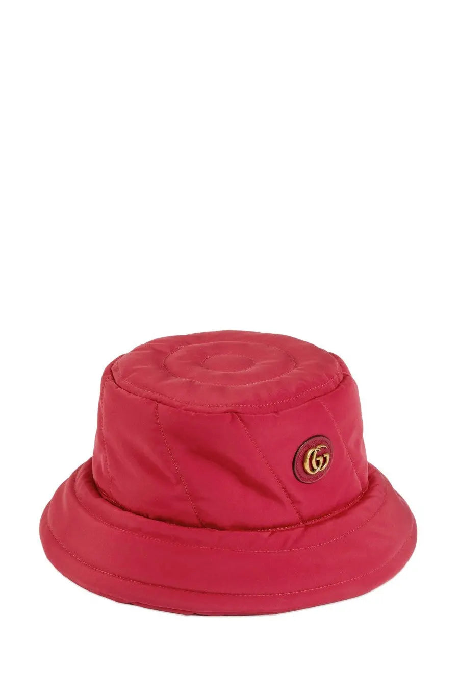 A vibrant red quilted Gucci women’s bucket hat with a gold-toned logo emblem on the side