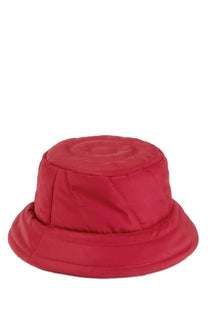 Gucci women’s vibrant red quilted bucket hat with structured padded design and visible stitching in pink color