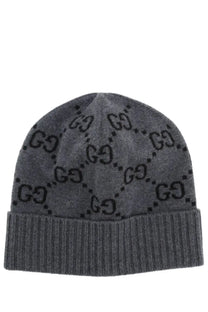 Gray Gucci cashmere beanie with black interlocking G logo pattern and ribbed cuff for women