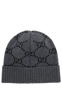 Gucci women’s cashmere hat gray knit beanie with repeating black interlocking gg logo pattern