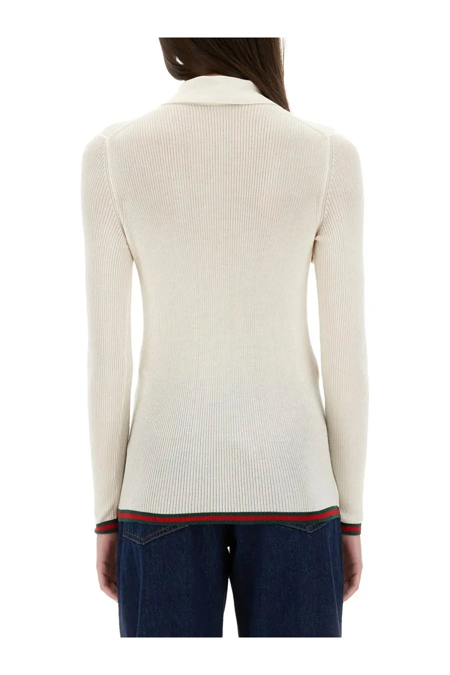 Gucci women’s cream-colored ribbed knit cashmere and silk polo sweater with collar and red-green striped hem trim