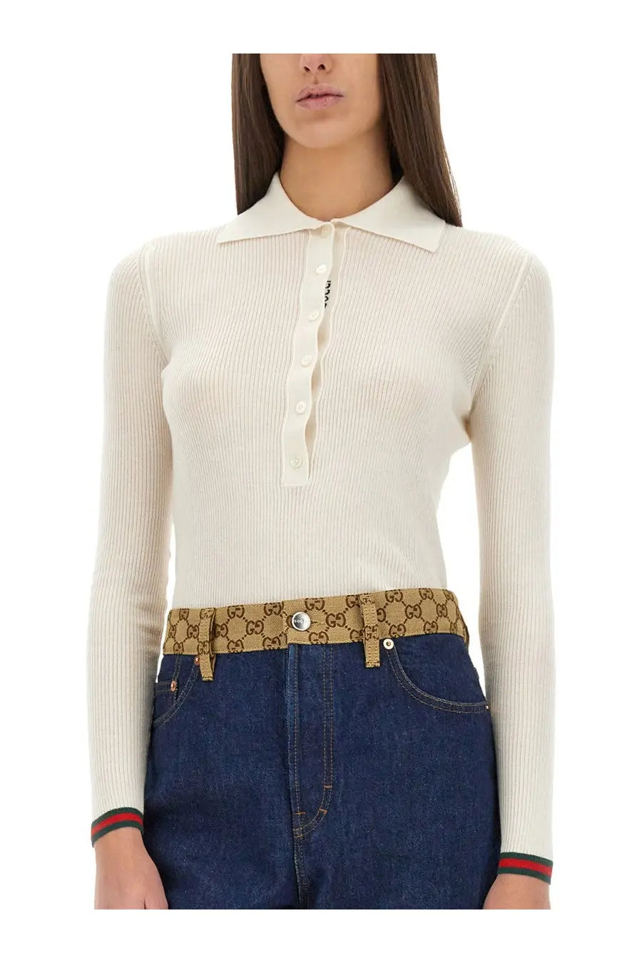 Gucci women’s cream cashmere and silk ribbed knit polo shirt with classic collar and gg monogram belt at the waist