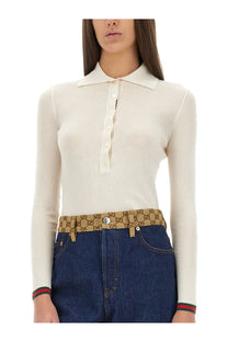 Gucci women’s cream cashmere and silk ribbed knit polo shirt with classic collar and gg monogram belt at the waist