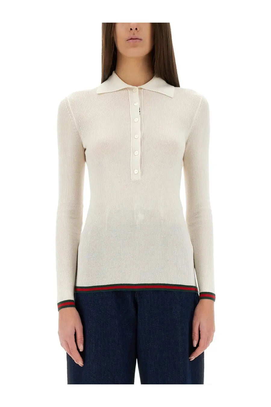Gucci women’s cream ribbed knit cashmere and silk polo shirt with classic collar and red green trim details