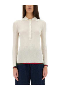 Gucci women’s cream ribbed knit cashmere and silk polo shirt with classic collar and red green trim details