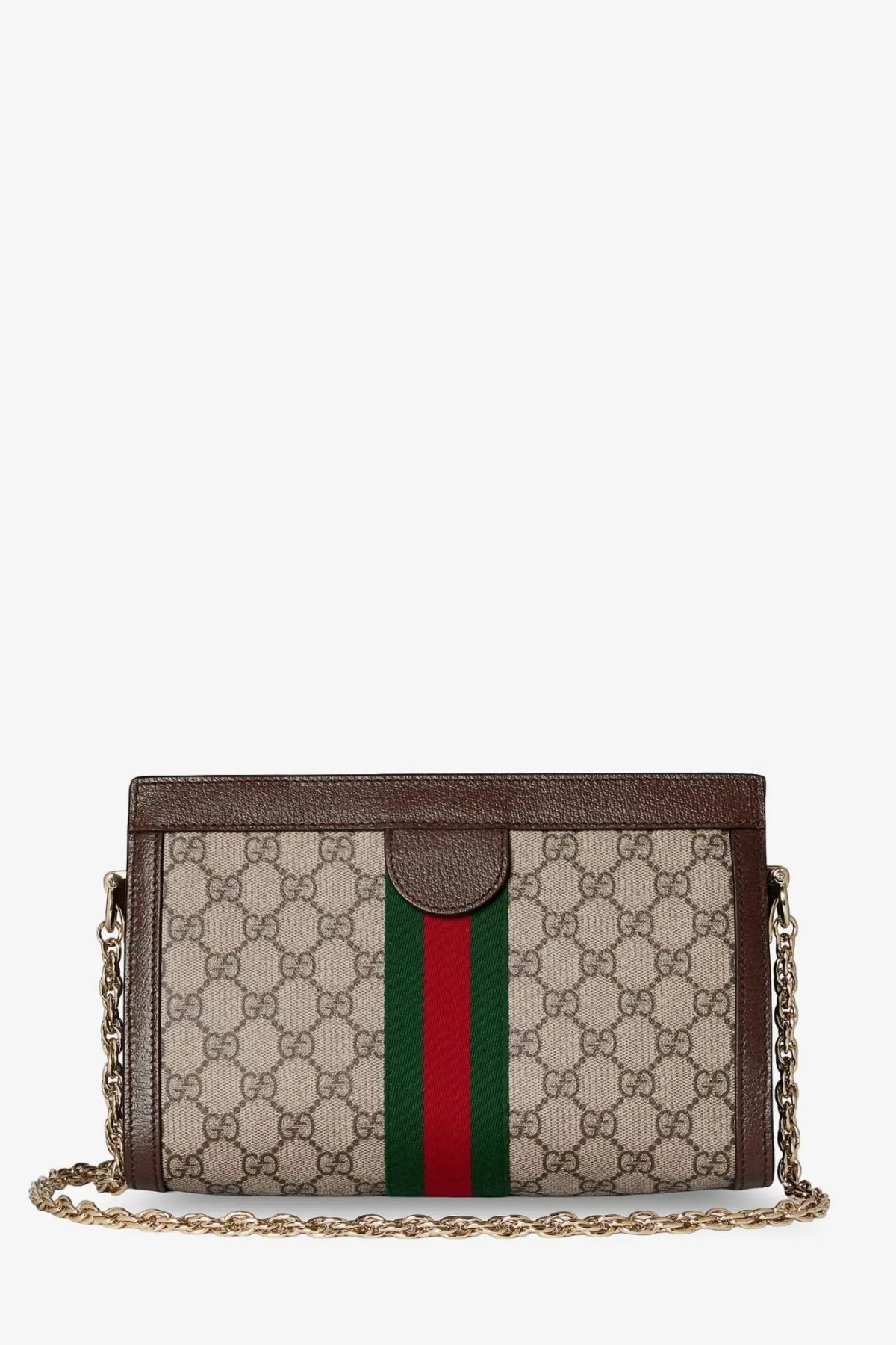 Beige and brown gucci gg supreme canvas crossbody bag with red and green webbing stripe and gold-tone chain strap