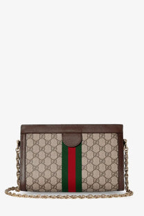 Beige and brown gucci gg supreme canvas crossbody bag with red and green webbing stripe and gold-tone chain strap