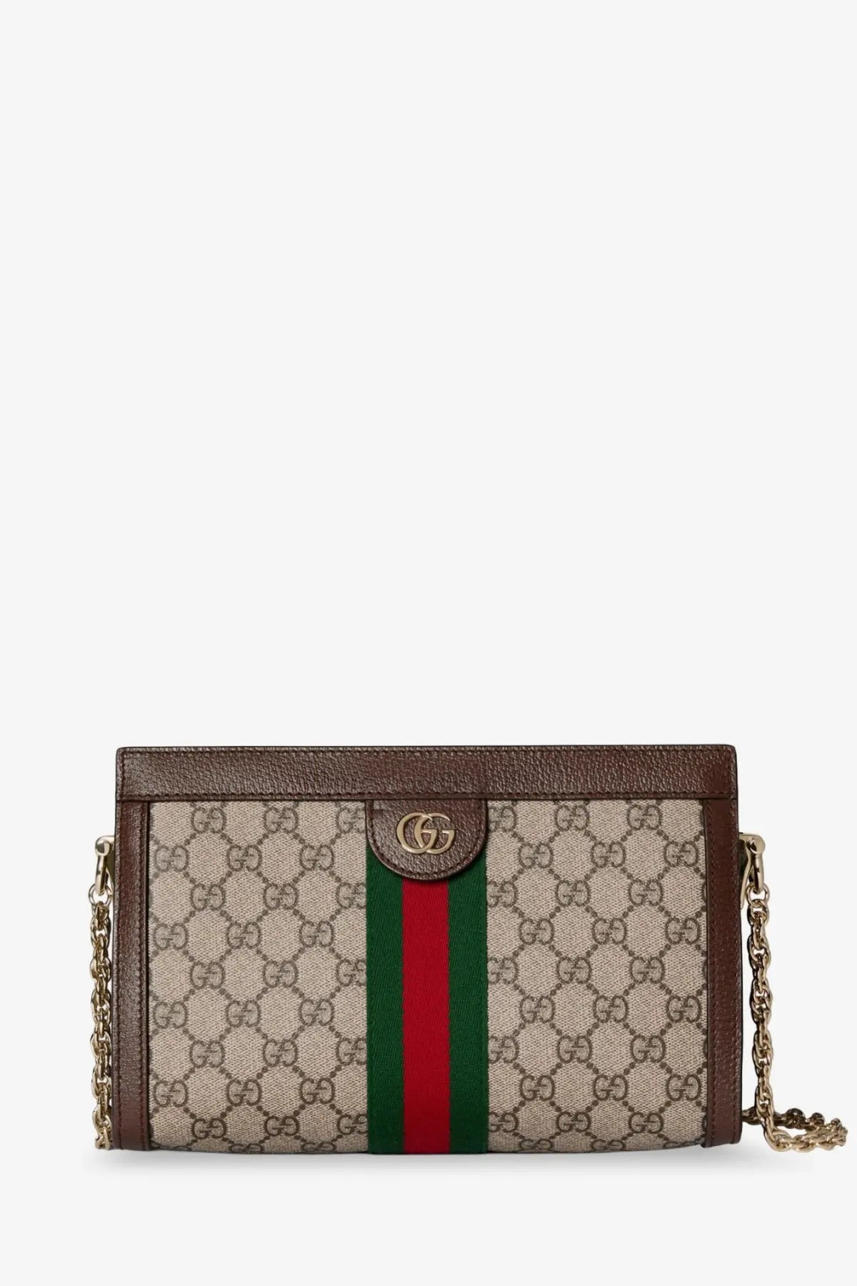 Gucci women’s coated canvas ophidia shoulder bag in beige and brown with red and green webbing stripe and gold-tone hardware