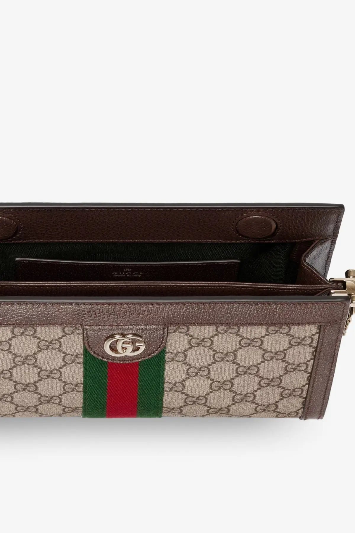 Beige and brown gucci gg supreme canvas crossbody bag with green and red stripe and silver-tone g logo plaque