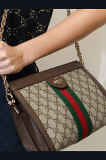 Gucci women’s coated canvas ophidia shoulder bag in beige with brown leather trim and red and green striped band