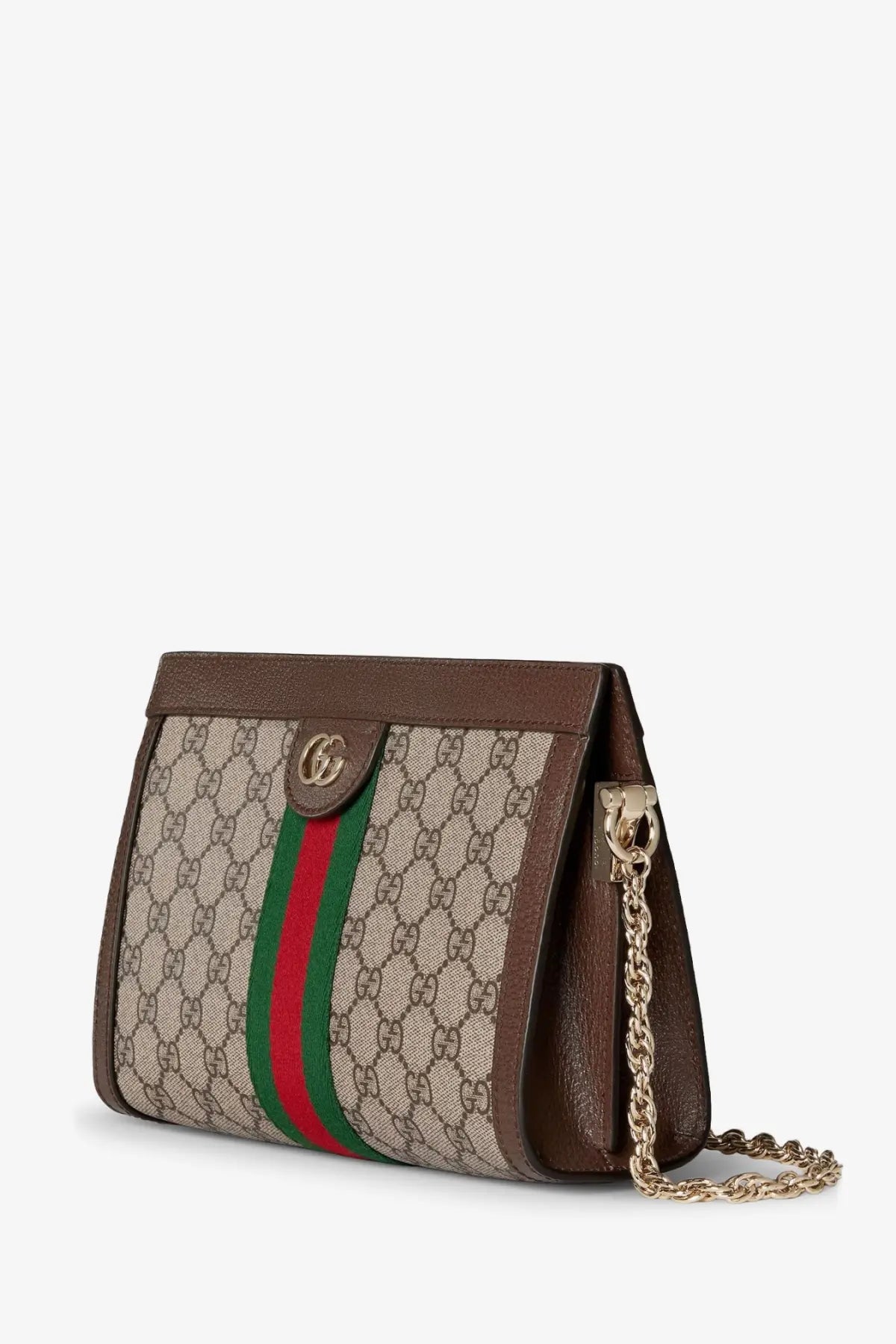 Gucci women’s coated canvas Ophidia shoulder bag in brown with gg supreme canvas, red and green stripe, and gold hardware