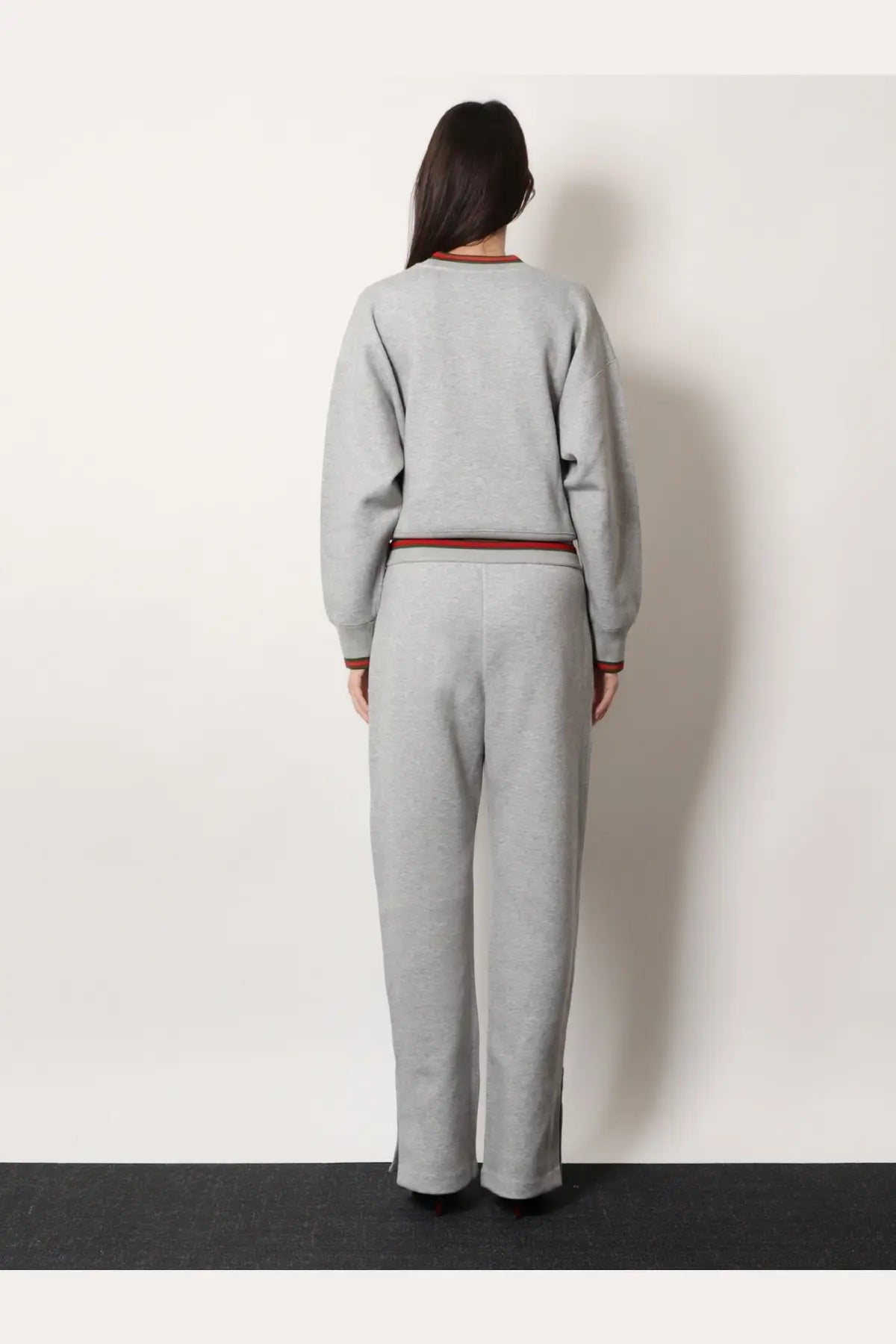 Gucci women’s gray cotton blend trouser in a heathered sweatsuit with red and brown trim details