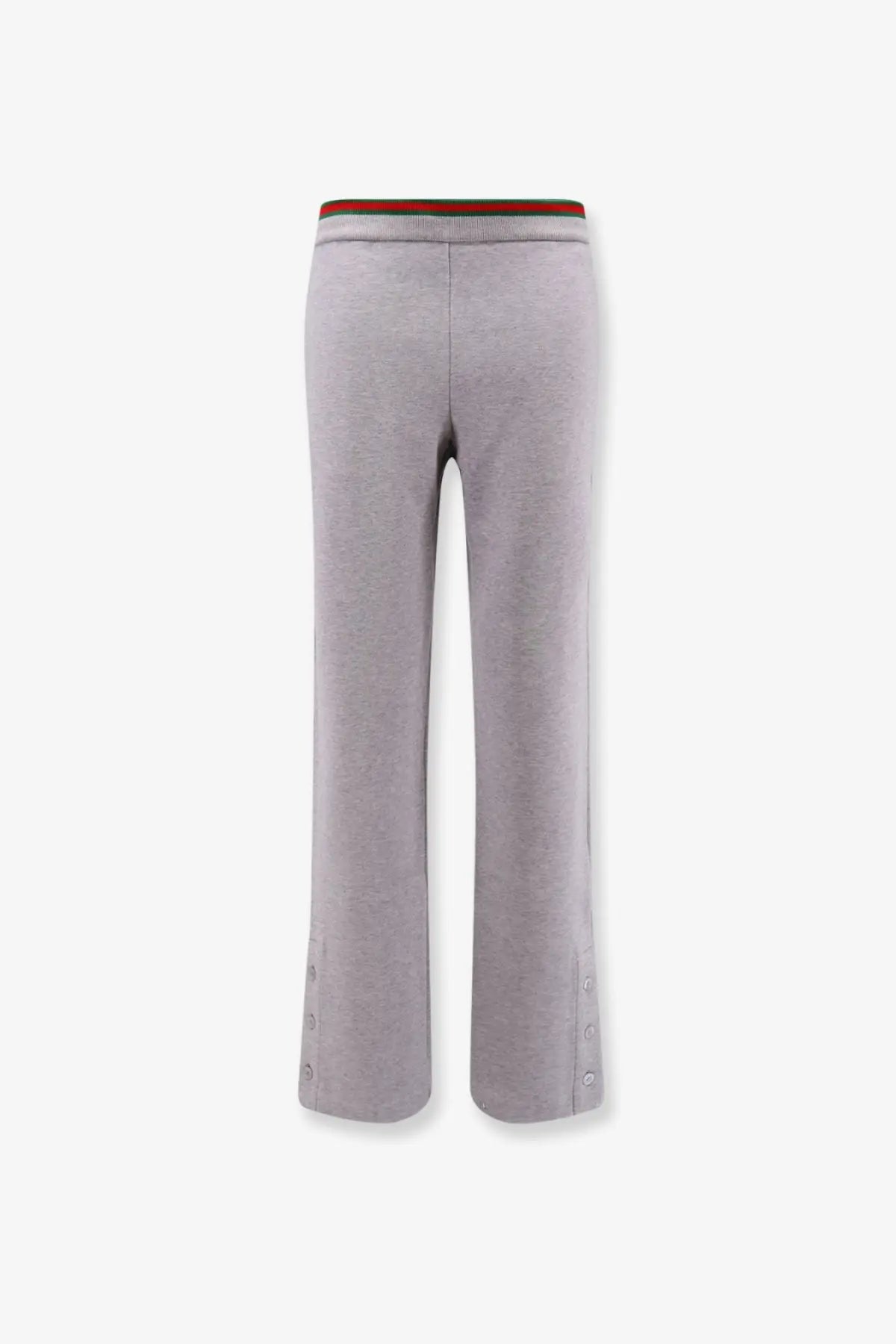 Gucci women’s gray cotton blend wide-leg trousers with red and green striped waistband and button cuffs