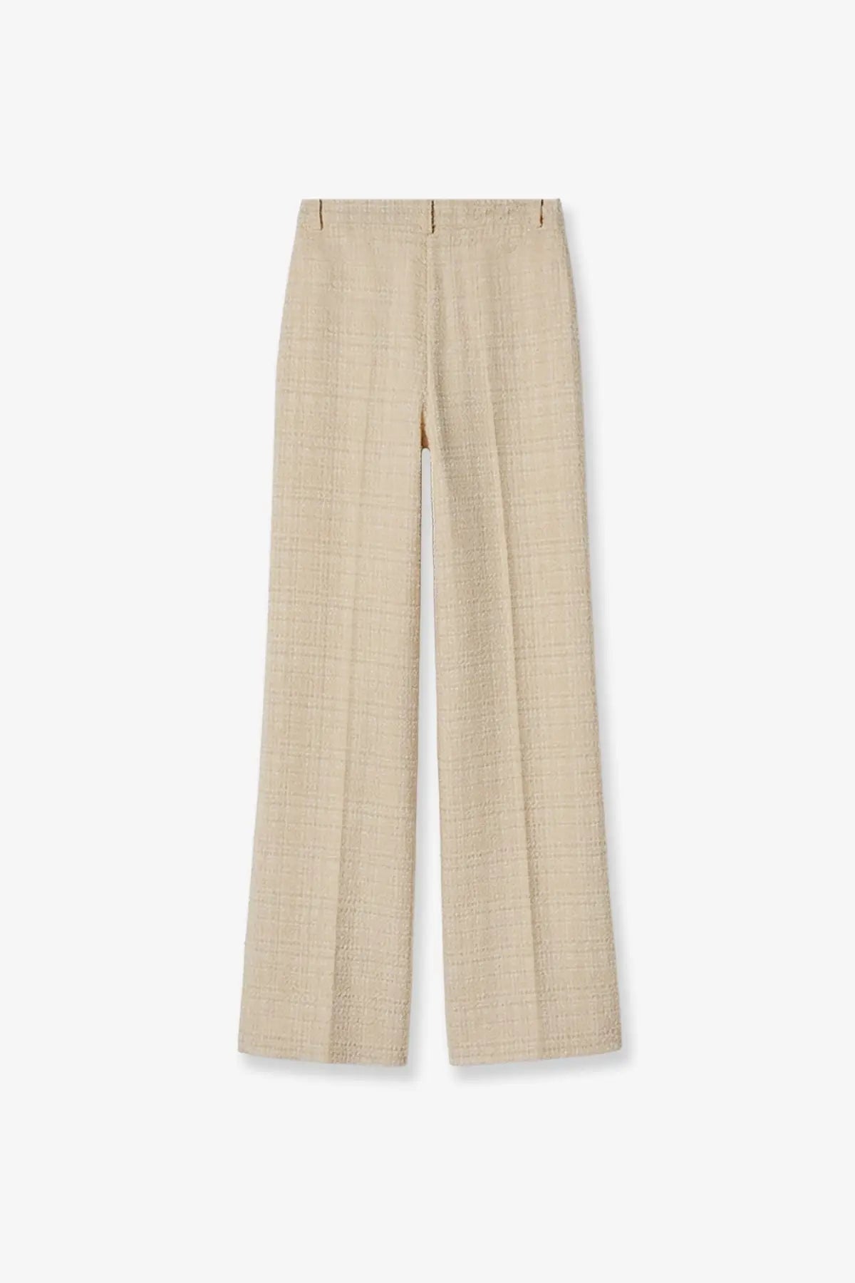 Gucci women’s beige cotton blend wide-leg trousers with plaid pattern and subtle textured weave
