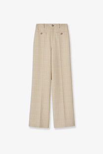 Gucci women’s cotton blend beige wide-leg trousers with subtle check pattern and metallic buttons