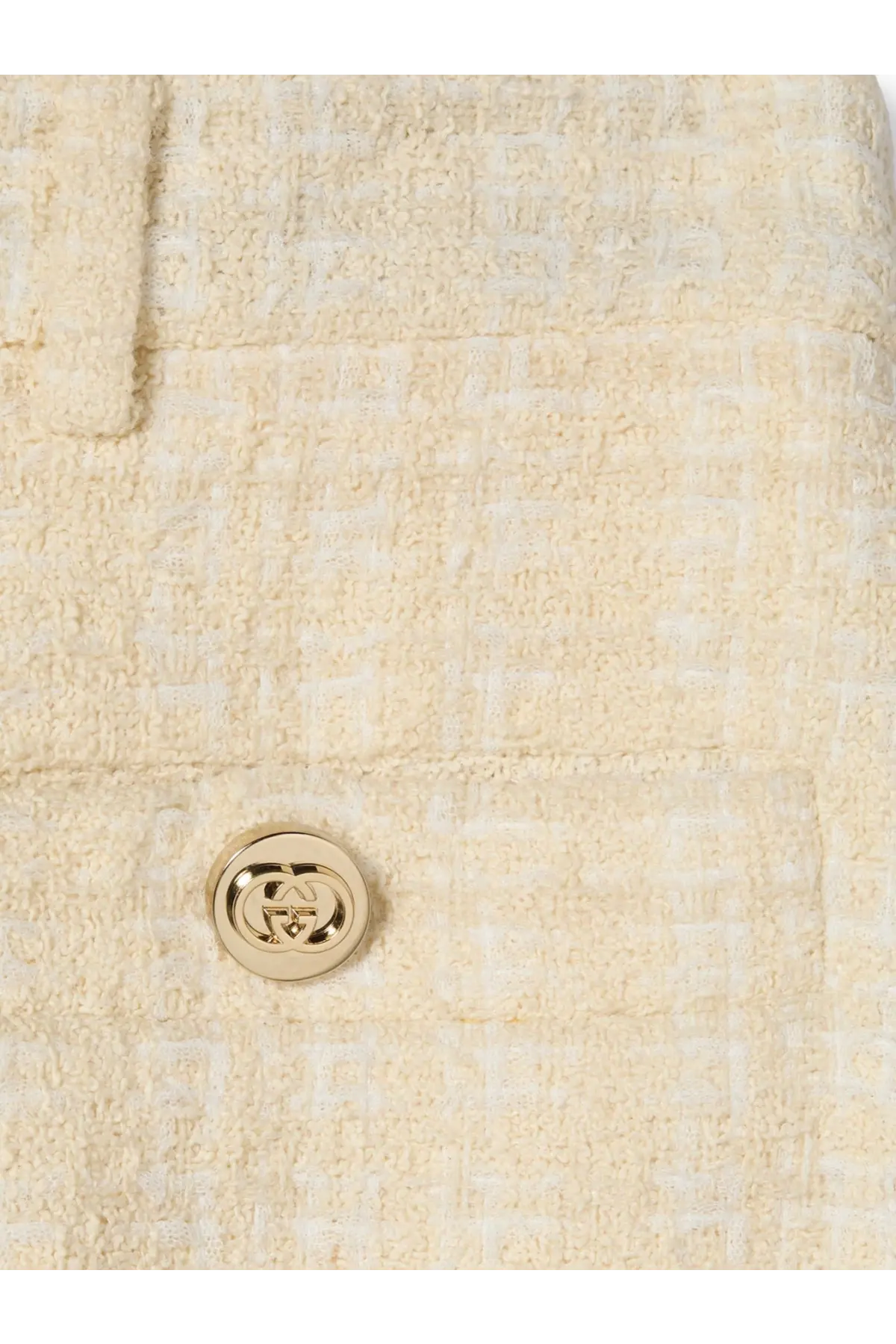 Cream-colored tweed jacket with gold-tone interlocking gg button paired with gucci women’s white cotton blend trousers
