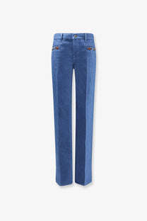 Gucci women’s blue cotton denim jeans with embroidered eye motifs on the front pockets